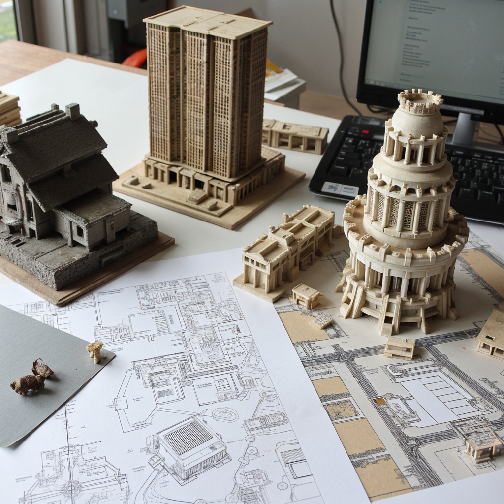 Various architectural building models displayed on a desk alongside detailed blueprint designs, representing urban planning and structural engineering concepts.