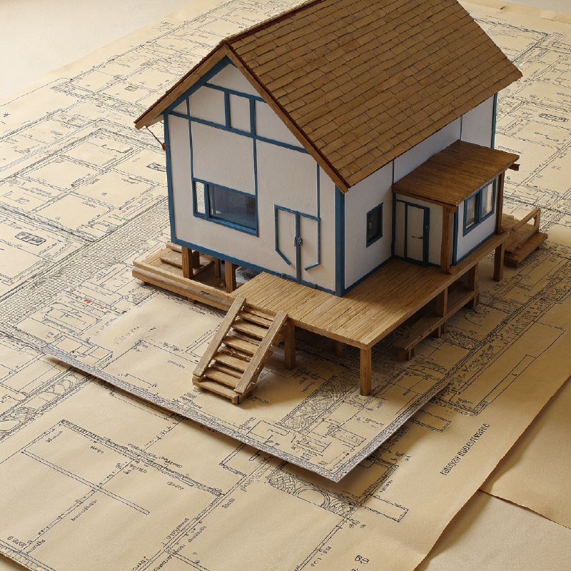 A detailed wooden architectural model of a house placed on top of construction blueprints, symbolizing planning and design in structural engineering.