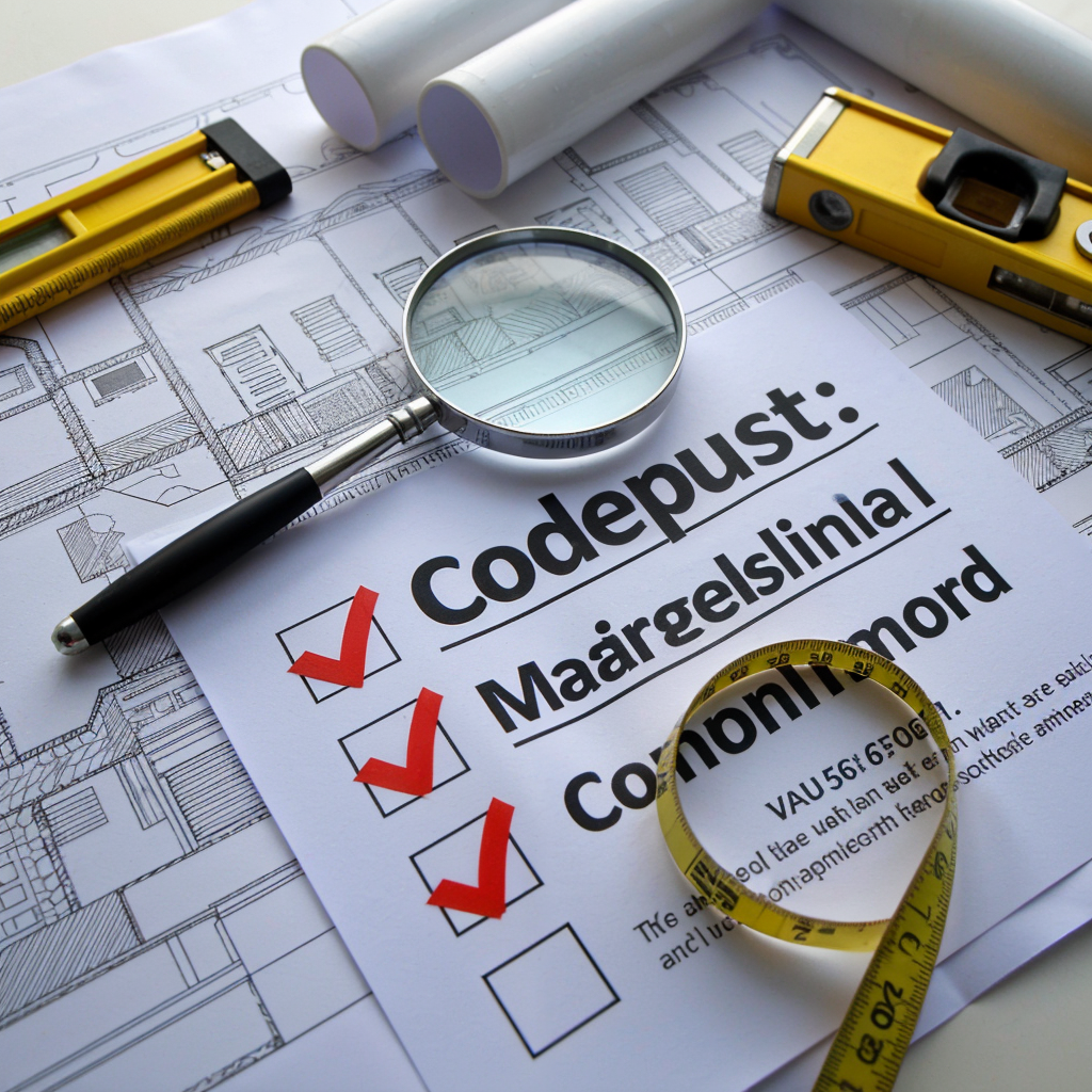 A checklist labeled "Code Compliance" with a magnifying glass, rolled blueprints, a measuring tape, and a level tool on top of architectural plans.