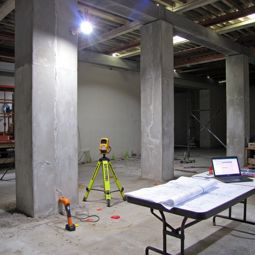 A construction site with concrete columns, surveying equipment, blueprints, and a laptop, representing structural assessment and analysis.