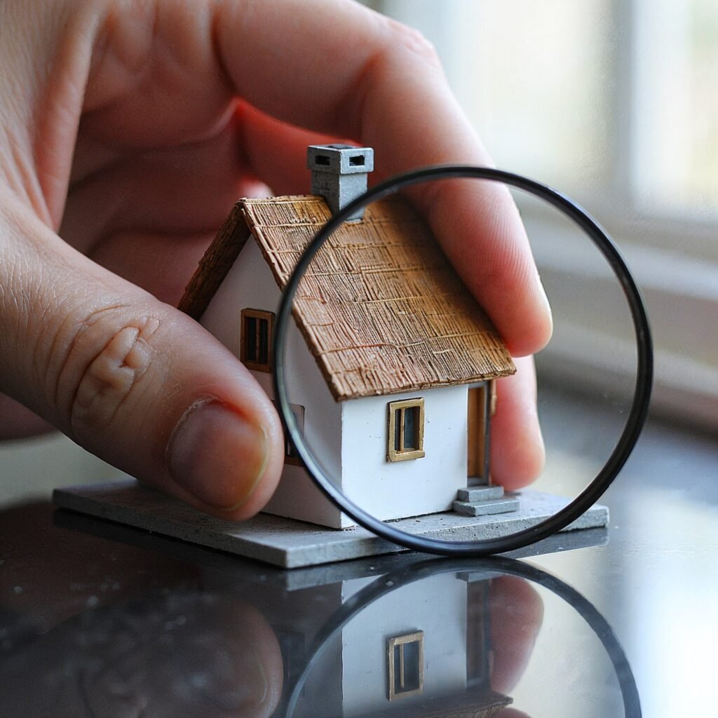 A close-up of a small house model being examined with a magnifying glass, symbolizing home inspections and structural evaluations.