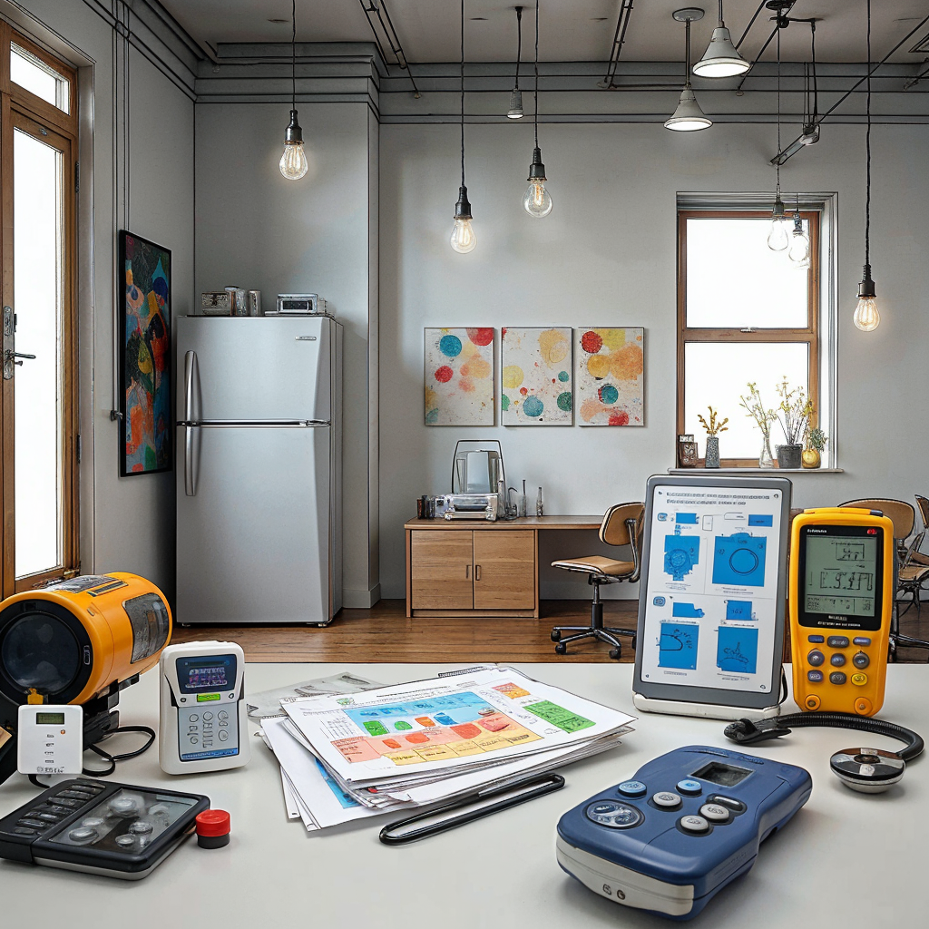 A table with advanced performance evaluation tools, colorful data charts, and digital meters in a modern office setting.