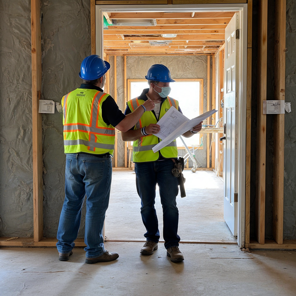 Two construction professionals in safety gear and hard hats reviewing blueprints inside a newly built structure during an inspection.