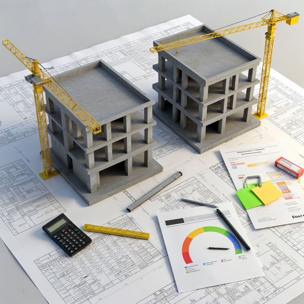 Two building models with cranes, blueprints, a calculator, and project documents, symbolizing design optimization and construction planning.