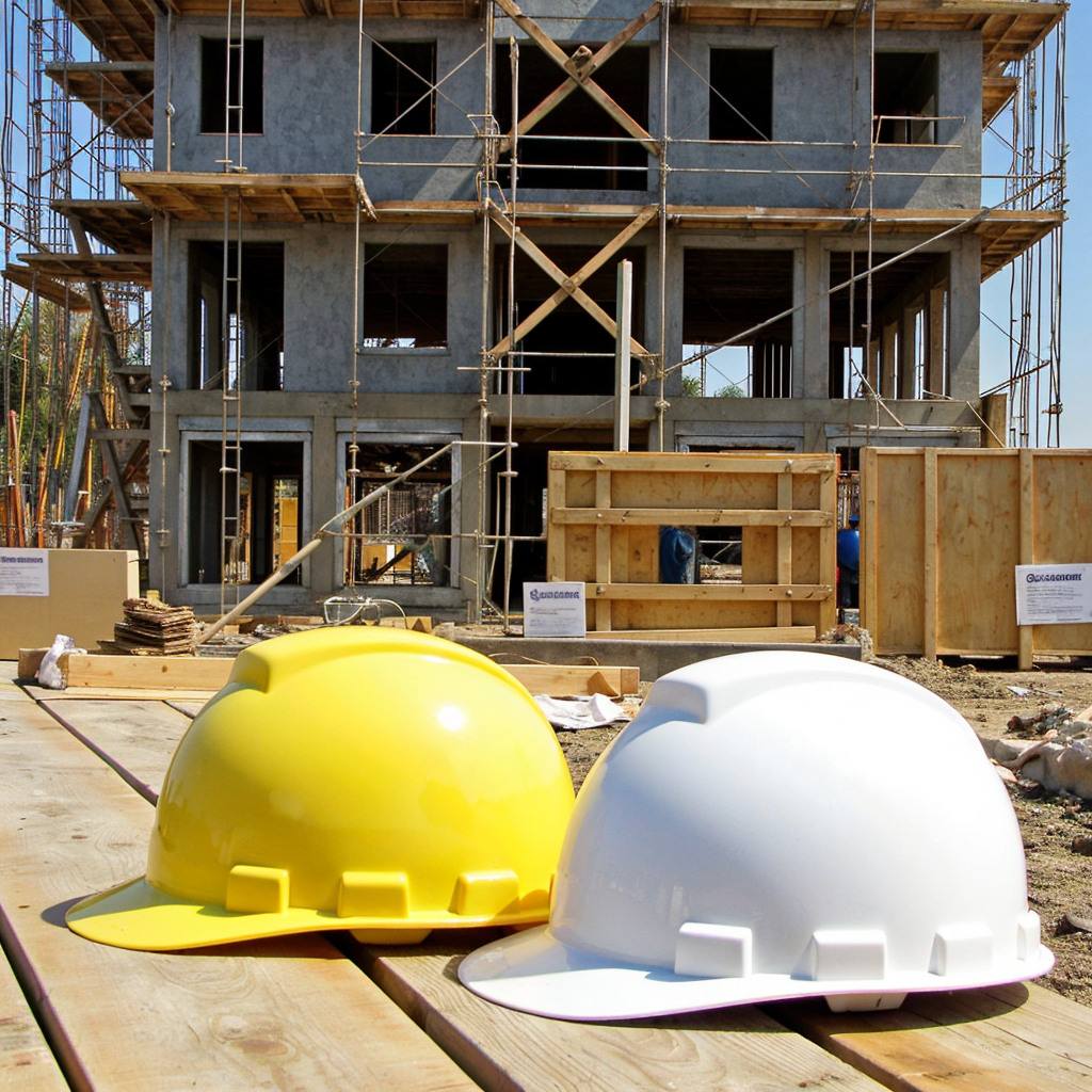 Yellow and white hard hats placed on wooden planks in front of a multi-story building under construction with scaffolding and materials.