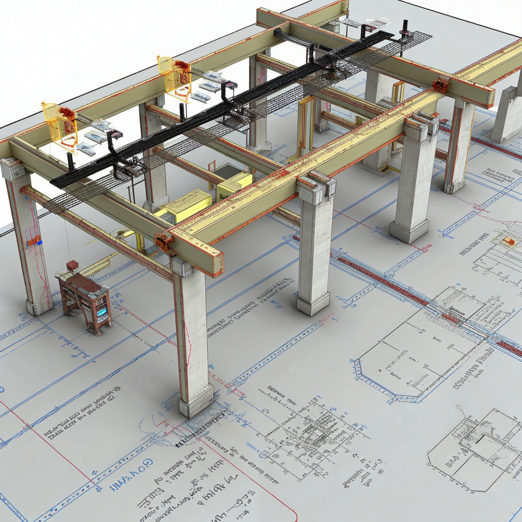 A detailed 3D rendering of a structural engineering design overlaid on architectural floor plans, showcasing beams, columns, and technical layouts.