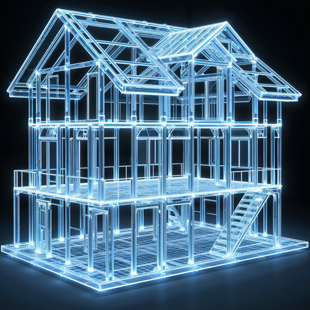 A glowing 3D digital wireframe model of a multi-story house, representing advanced structural design and inspection technology.