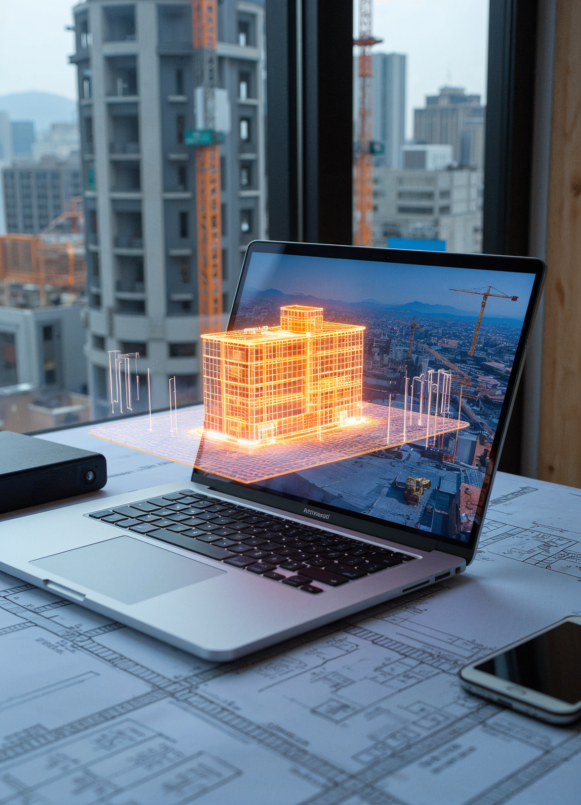 Architectural visualization on a laptop screen showing a glowing 3D model of a building with construction blueprints and urban development in the background.