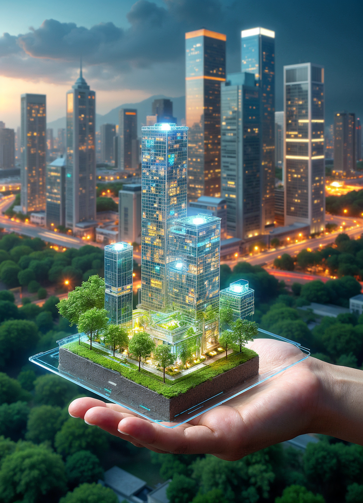 Futuristic urban model of a sustainable city held in a hand, featuring illuminated skyscrapers, greenery, and eco-friendly design with a vibrant cityscape in the background.