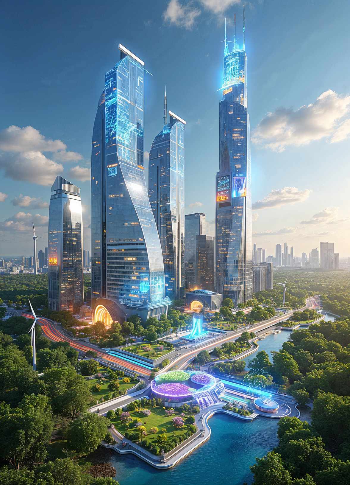 Futuristic eco-cityscape featuring innovative skyscrapers with digital interfaces, renewable energy elements like wind turbines, lush greenery, and illuminated urban infrastructure blending technology and sustainability.